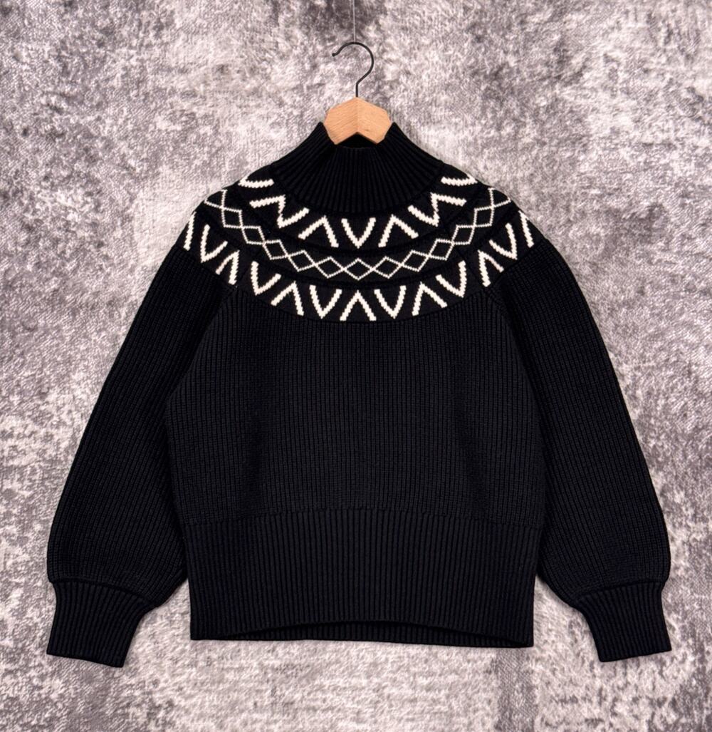 Varley Marcie Fair Isle Yoke Knit Sweater Large Womens Black Turtleneck